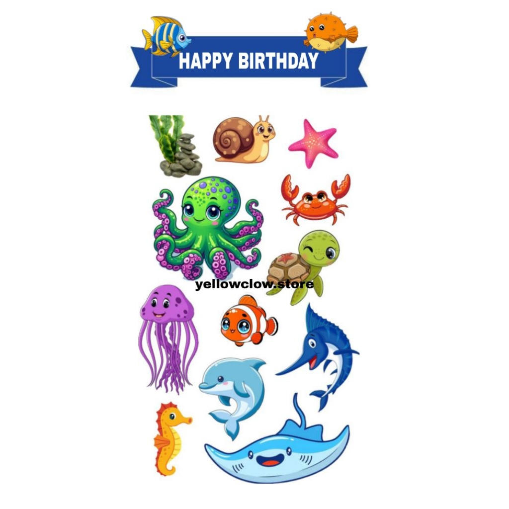 Topper Custom Nama Dunia Laut/ Topper Cake Dunia Laut/ Topper Kue Ulang Tahun Tema Dunia Laut