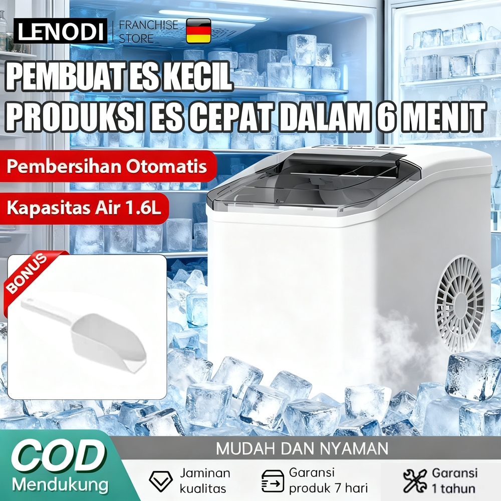 LENODI Mesin Pembuat Es, 1.6L Mesin Es Batu, Pembuatan Es Cepat, Pembersihan Mandiri,Penyimpanan Es 