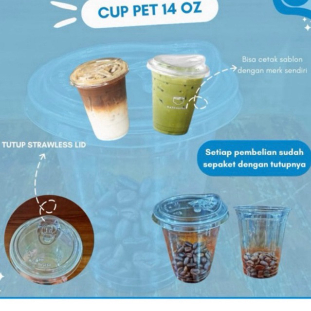 Gelas Cup Plastik PET 14 oz + Strawless Lid Bening isi 50 pcs | Tutup Tanpa Sedotan Straw Less