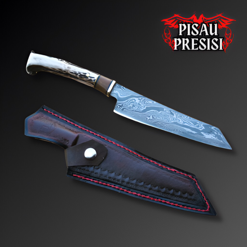 Terbaru Pisau Kitchen Damaskus Fillet Serbaguna, Gagang Bonggol Tanduk Rusa Sarung Kulit Sapi Terbar