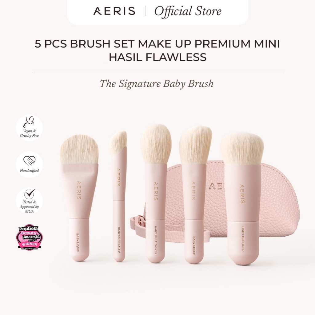 Aeris Beauté The Signature Baby Brush Set | Make Up Brush Set Lengkap Mini Premium Lembut Vegan Mult