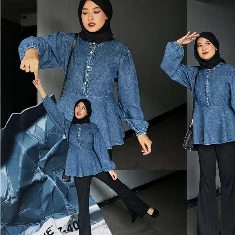 kemeja jeans wanita terbaru kekinian elegan bahan adem lembut
