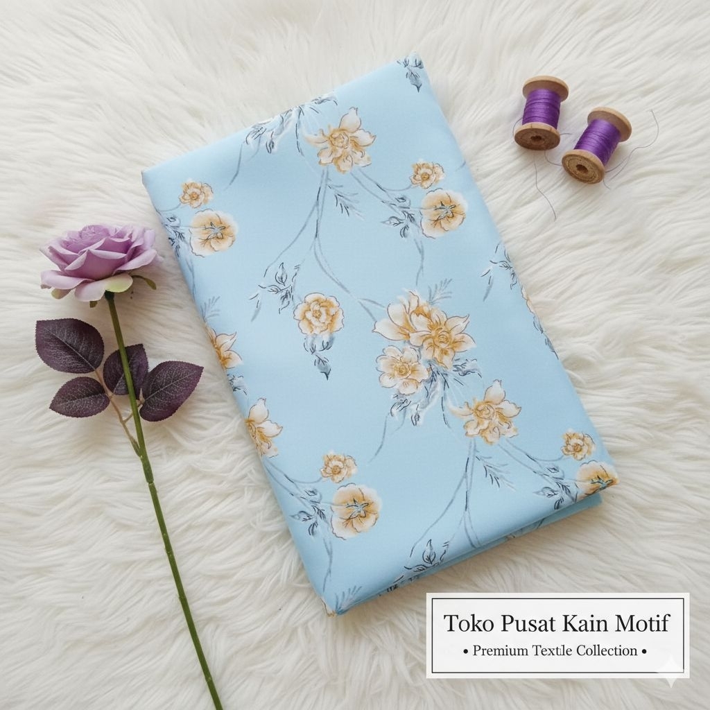 Kain Satin Silk Premium | Motif Bunga Beige | Baby Blue| Bahan Dress/Gaun