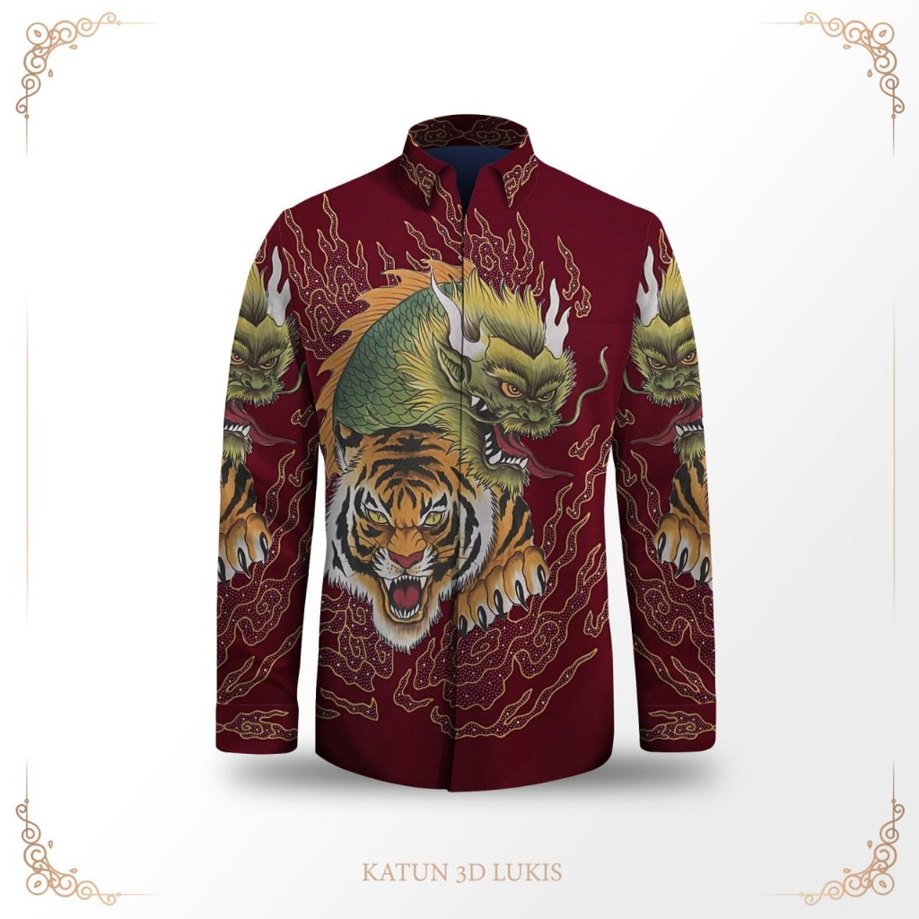 Kemeja batik pria lengan panjang motif harimau batik tulis 3d bahan katun premium pola batik pria ex