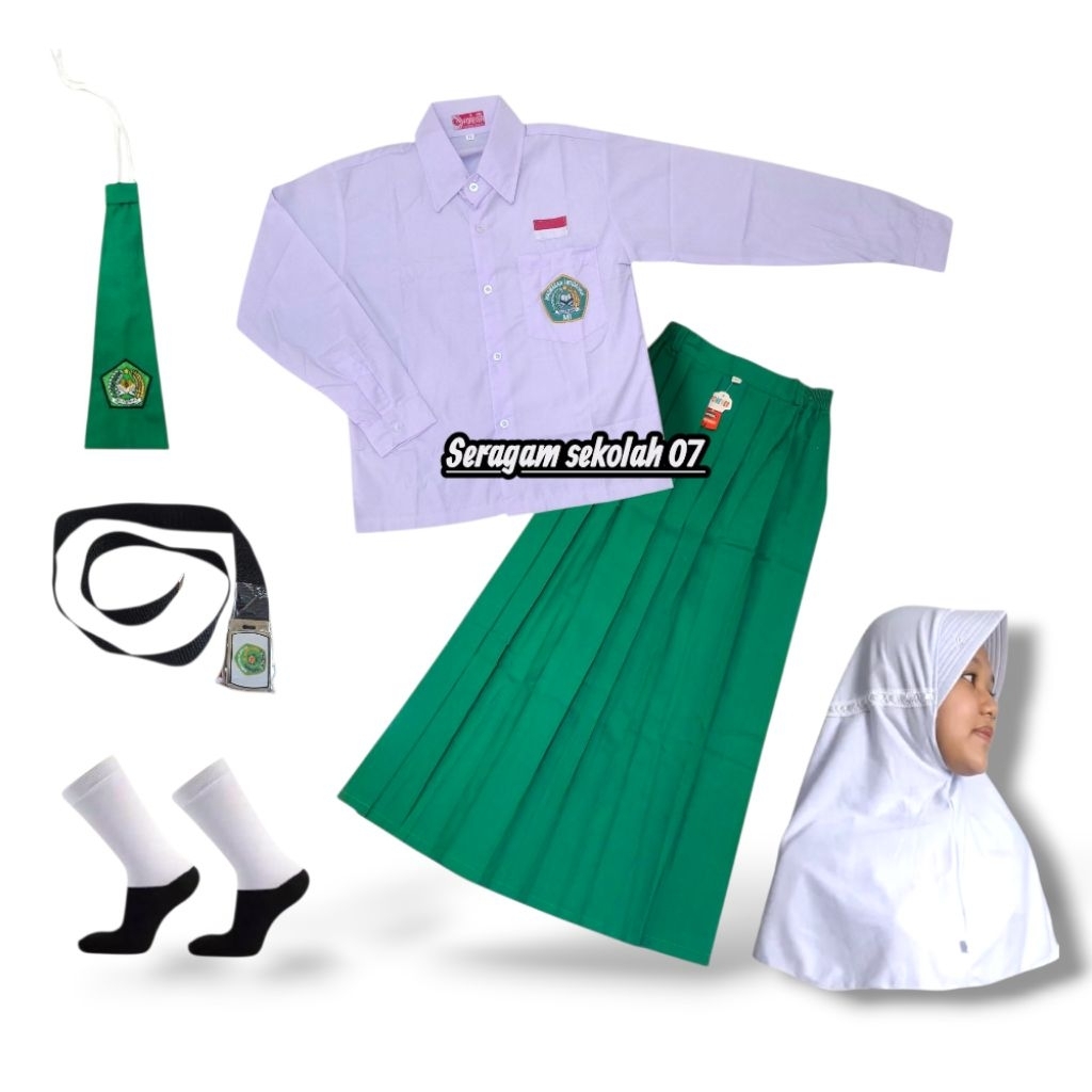 SET LENGKAP SERAGAM SEKOLAH MI/MADRASAH ANAK PEREMPUAN BAJU PUTIH LENGAN PANJANG ROK HIJAU PANJANG