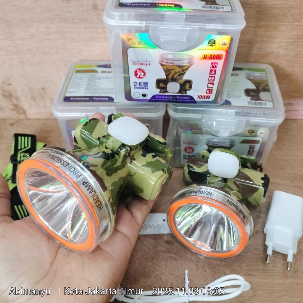 Senter kepala jinlong body loreng jl-608L LED 100WATT CHIP LASER - LED emergency COB baterai 4500mAh