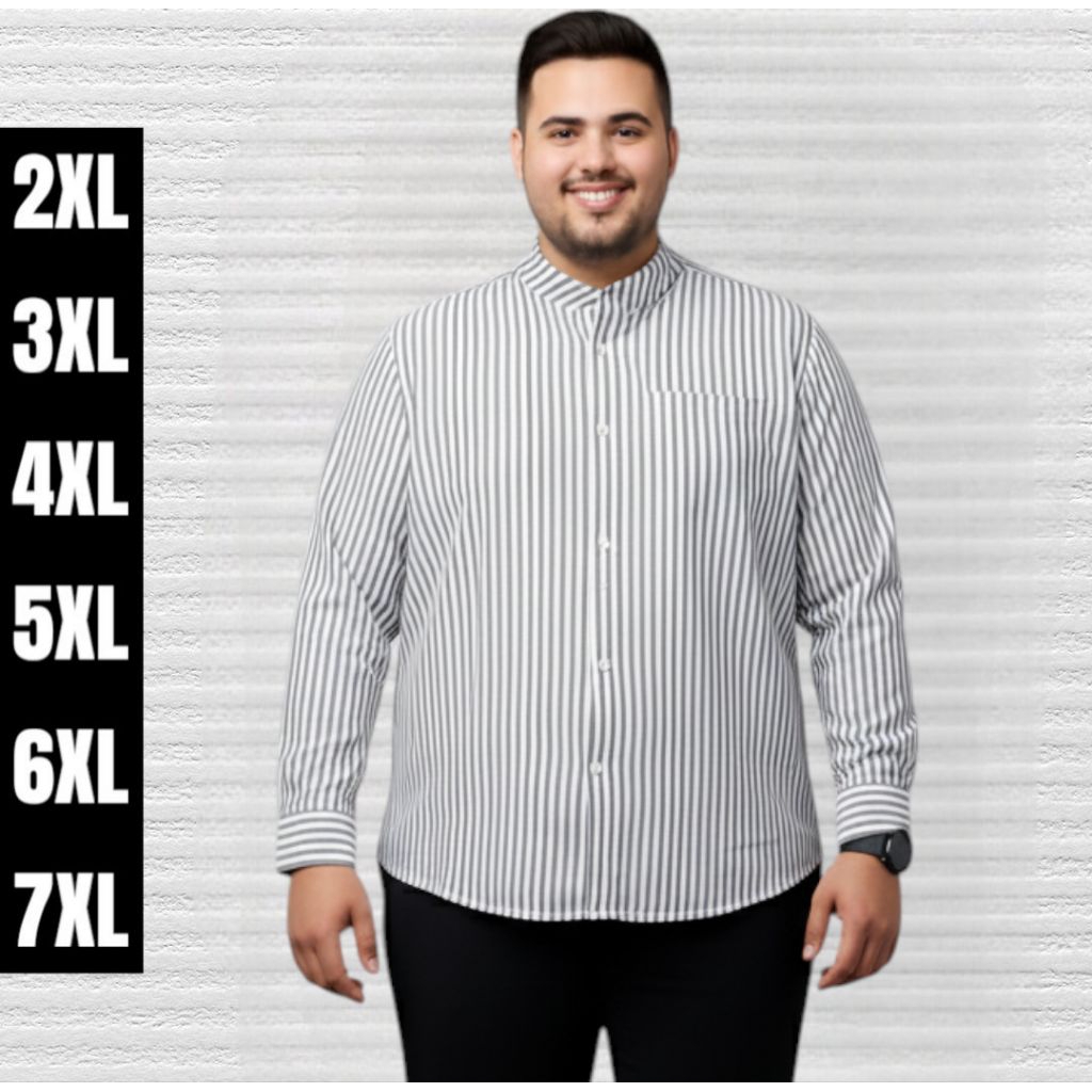 Kemeja Pria Jumbo Lengan Panjang Hem Salur Stripe Garis garis Kerah Shanghai