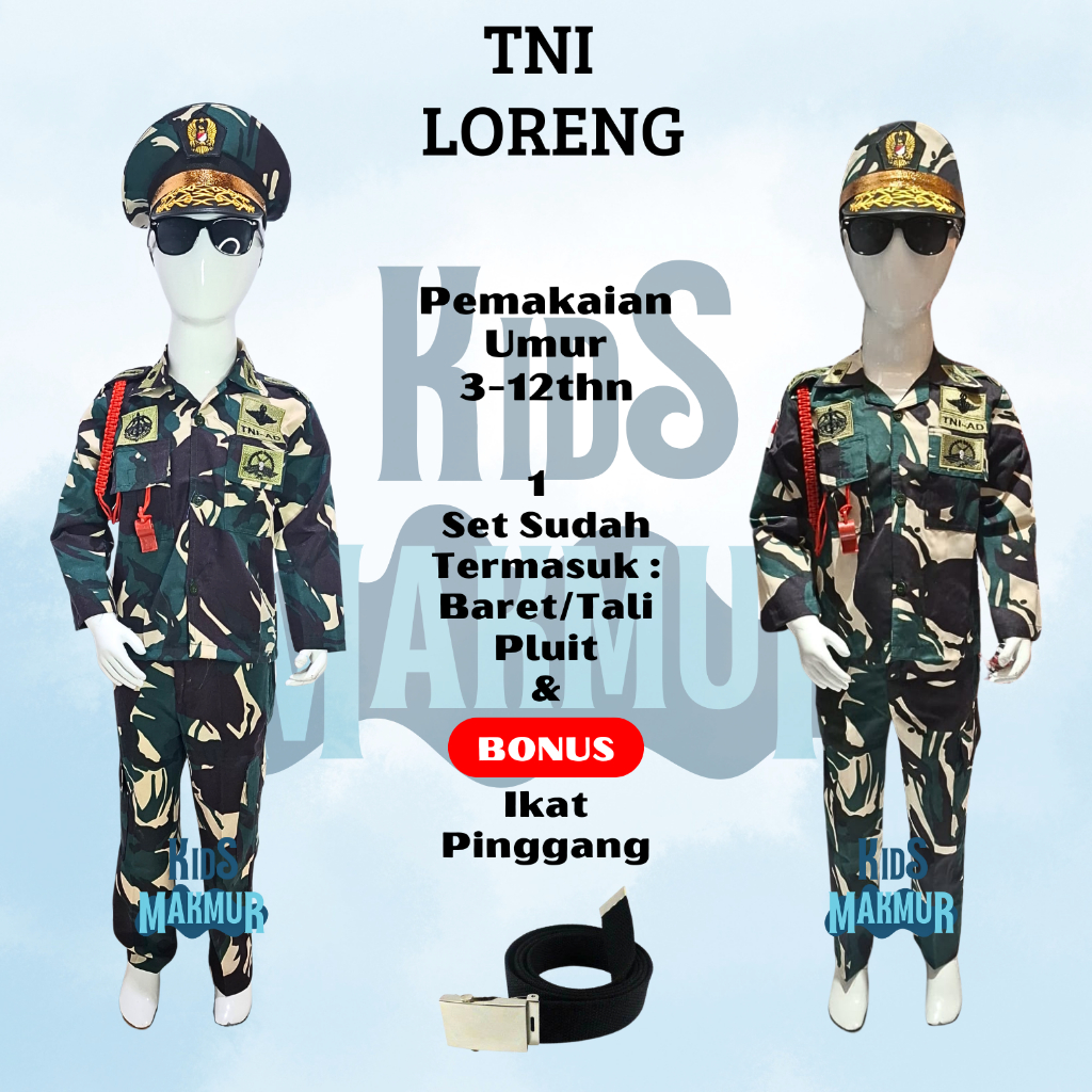KIDSMKAMUR Baju Profesi TNI Anak Laki-Laki Set - Kostum tentara loreng anak - Seragam tentara 1 set