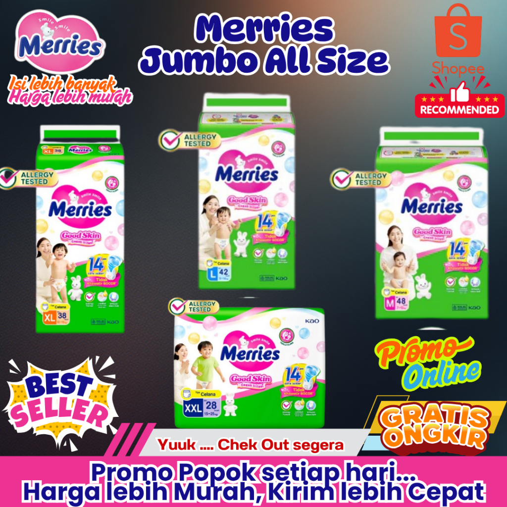 GRATIS ONGKIR POPOK MERRIES KEMASAN JUMBO SIZE NBS40/ M48 / L42 / XL38 / XXL28 EXPIRED 2028