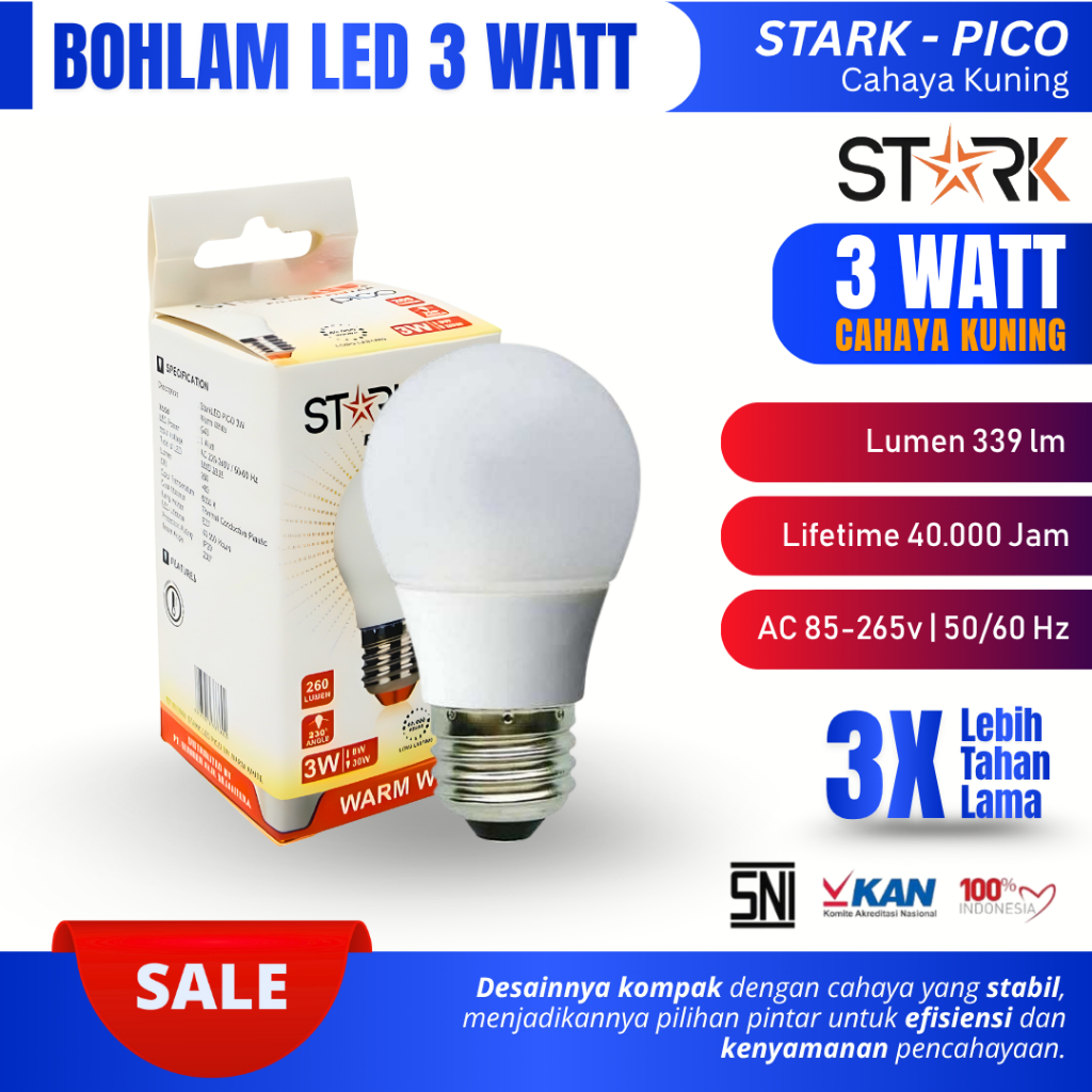 Bohlam LED Bulb 3 Watt Stark Pico Series Lampu LED 3 Watt Cahaya Kuning Hemat Energi Lampu Bohlam Ru