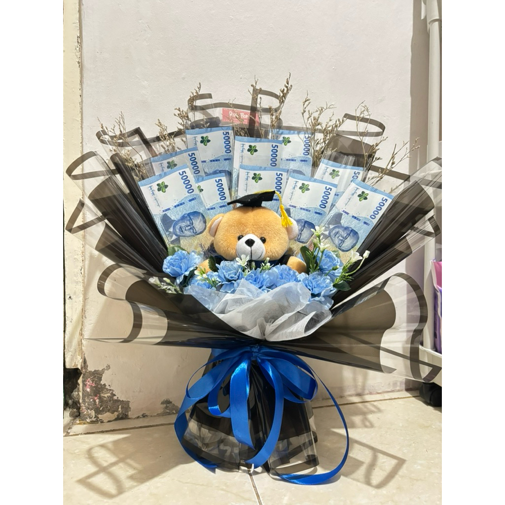 Buket Wisuda Boneka Mix Bunga 10 Lembar Uang (mainan) || Buket Wisuda Cowok || Buket Graduation || B