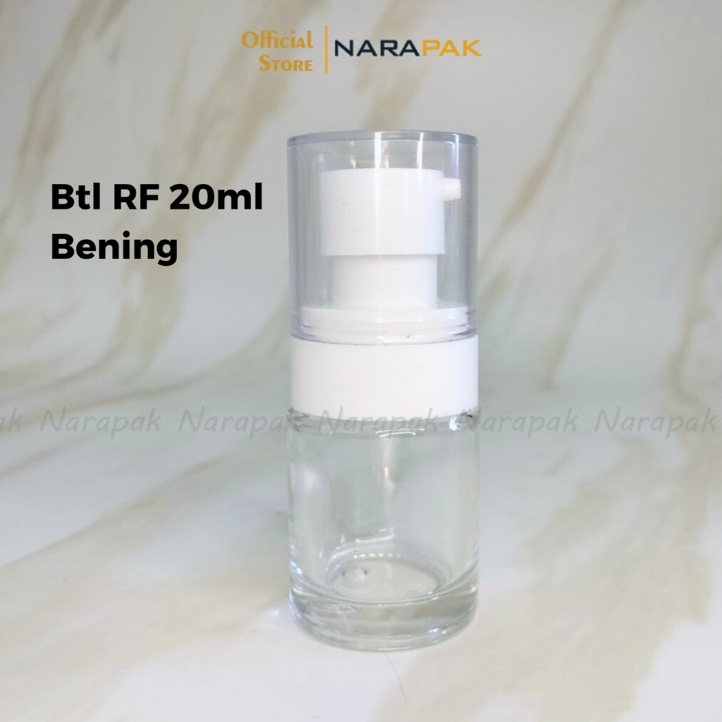 Botol Kaca 20ml Bahu Datar Bening Kilap RF Tutup Pump PUTIH Lotion Skintific Serum Skincare SK2035WL