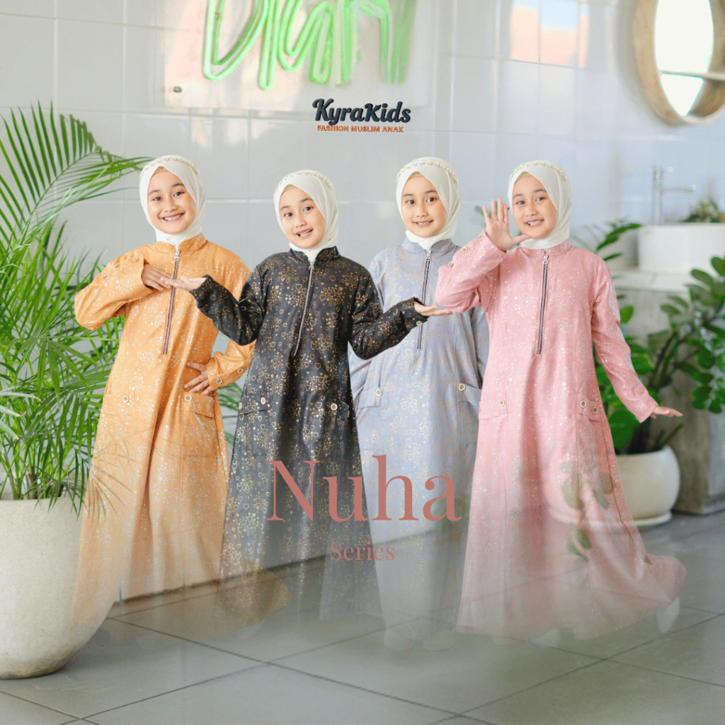 Naraya Kids – Nuha Series | Gamis Anak Prempuan Syar’i 4-12 Tahun set Pashmina Instan Bahan Baby Cor