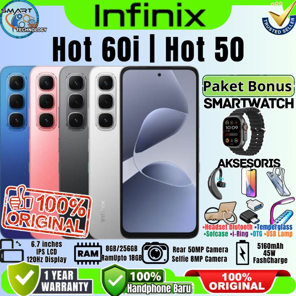 Hp Infinix Hot 60i | Hot 50 [ 8/256GB ] Ram Besar 120Hz Layar Lancar Baru Garansi Resmi 100% Origina