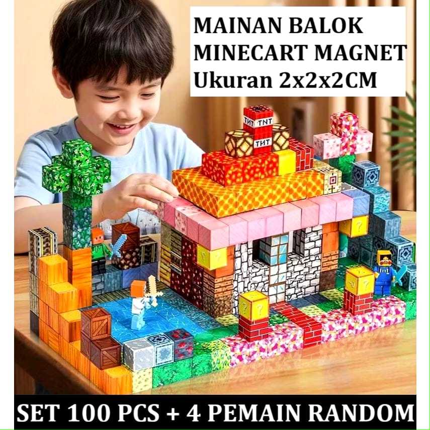 1 Set 100 Pcs + FREE 4 Pemain Random Mainan Balok Minecraft Roblox 2 x 2cm original import magnetic 