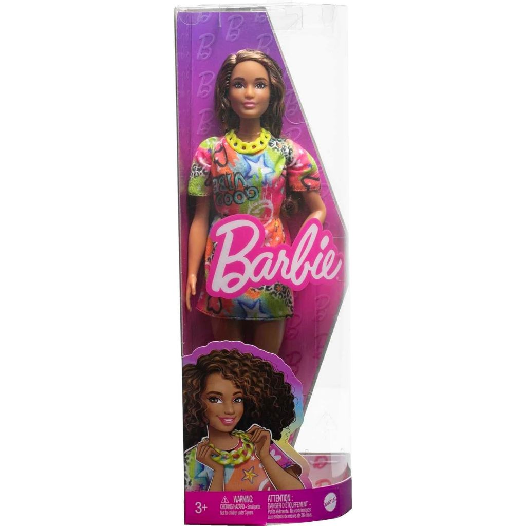 TERLENGKAP Boneka Barbie Fashionistas #201, Berbadan Atletik dengan Rambut Keriting Cokelat, Gaun