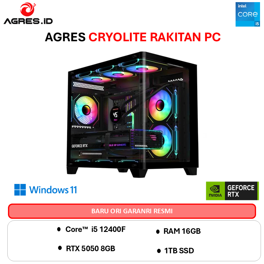 AGRES CRYOLITE PC I5 12400F RTX 5050 8G - RAM 16GB 1TB WINDOWS 11 PRO WIFI + BT - RAKITAN PC GAMING