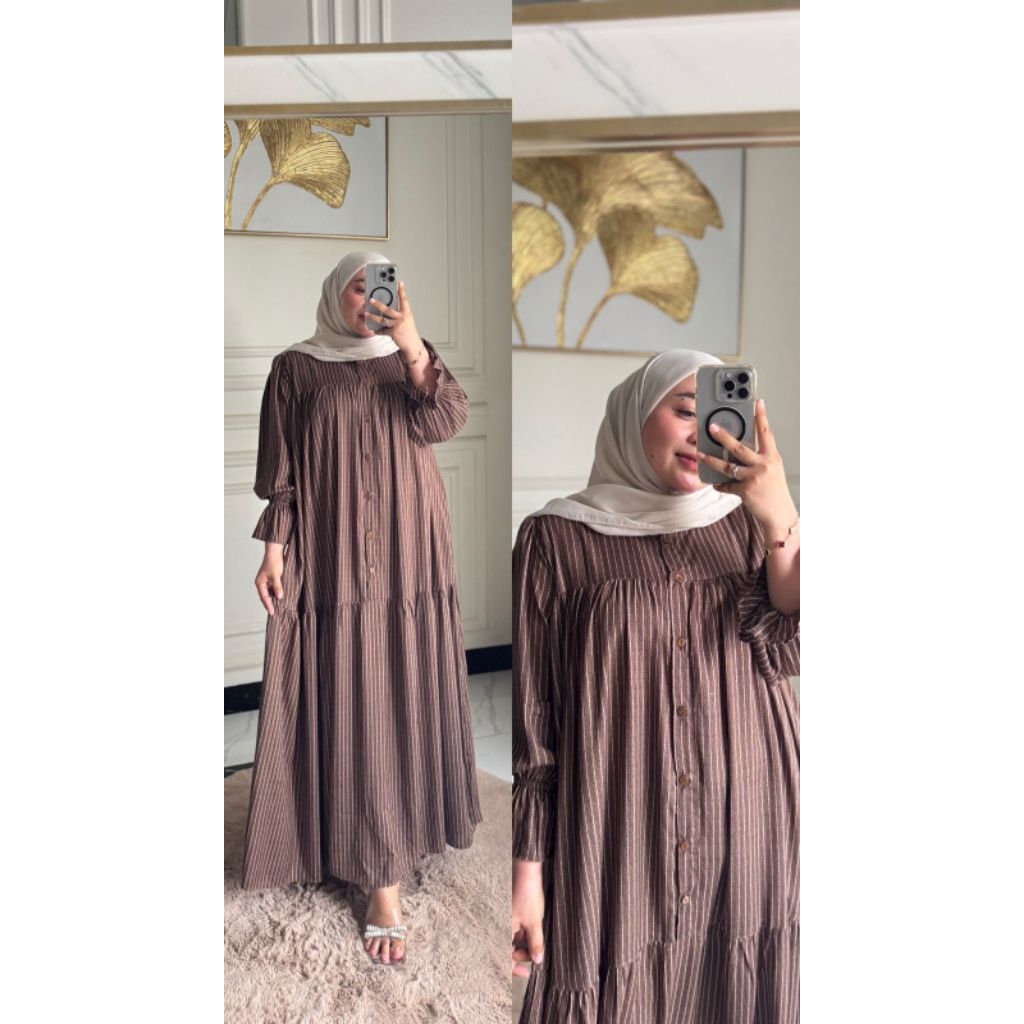 Zahira dress terbaru jumbo/ Zahira dress salur/ gamis ruffle motif salur viral/gamis rempel motif ga