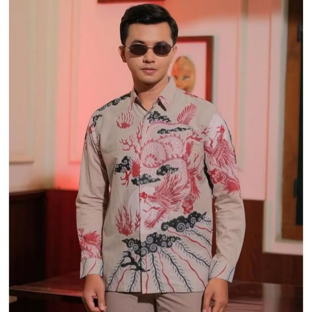Kemeja Batik Pria Lengan Panjang By Kantong Semar Motif Naga Merah Size M L XL XXL Seragam Batik For