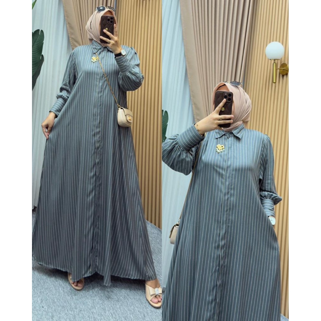 Gamis rayon salur/ dress kerah motif salur viral/gamis motif garis garis setrip busui jumbo/ gamis f