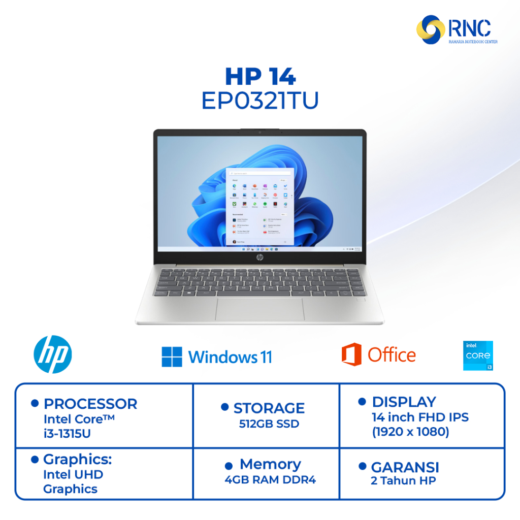 Laptop HP 14-EP0321TU Intel Core i3-1315U / RAM 4GB / SSD 512GB / Windows 11 / Garansi Resmi