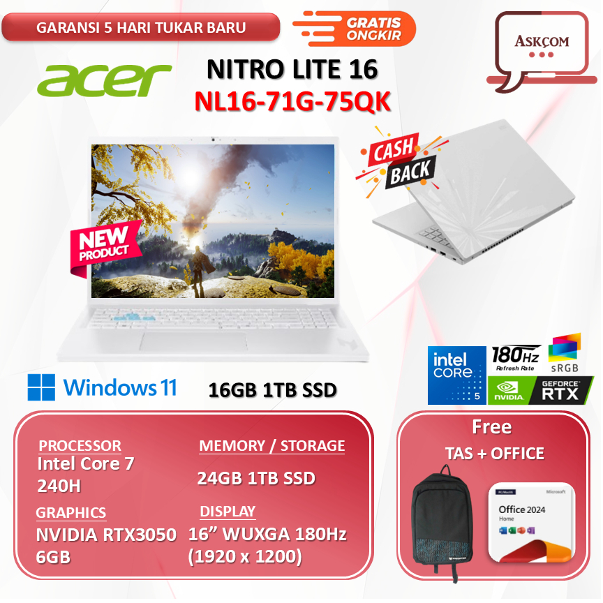 Acer Nitro Lite 16 NL16-71G-75QK Intel Core 7 240H RTX3050 6GB 24GB 1TB SSD 16.0"WUXGA 180Hz