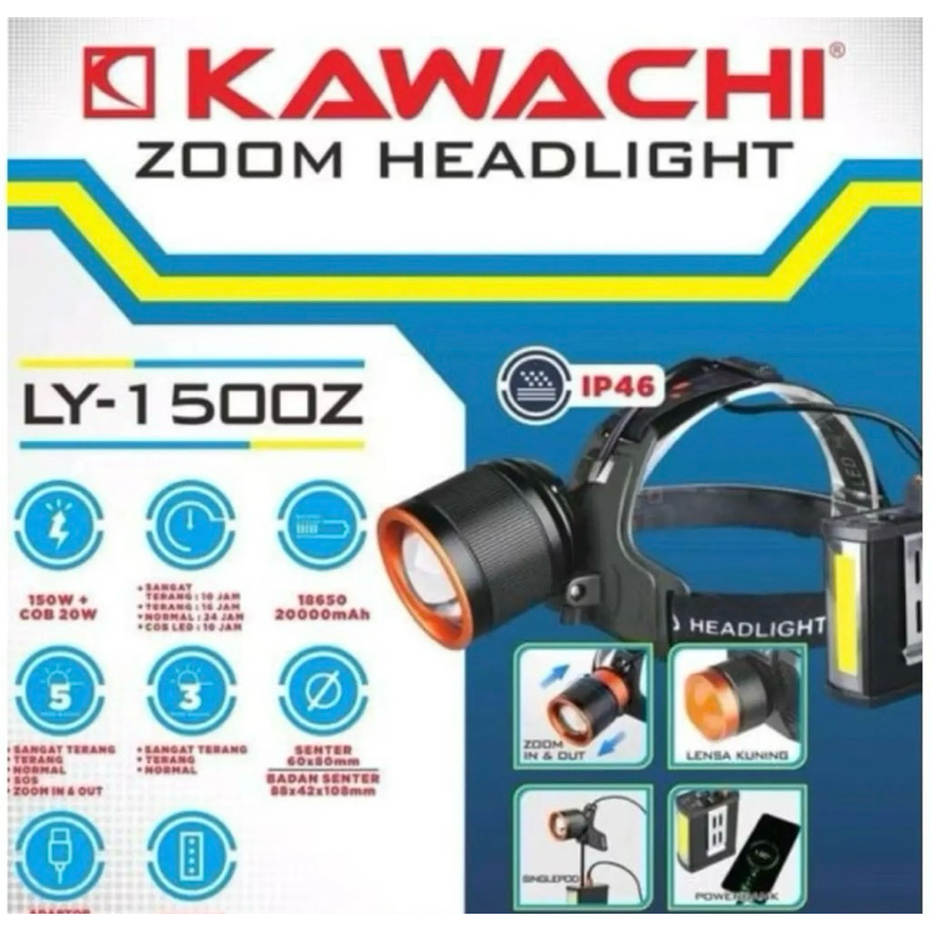 Kawachi senter kepala zoom LY-1500Z 150watt Cahaya Putih Super Terang 20.000mAh Tahan 25 Jam (FREE L