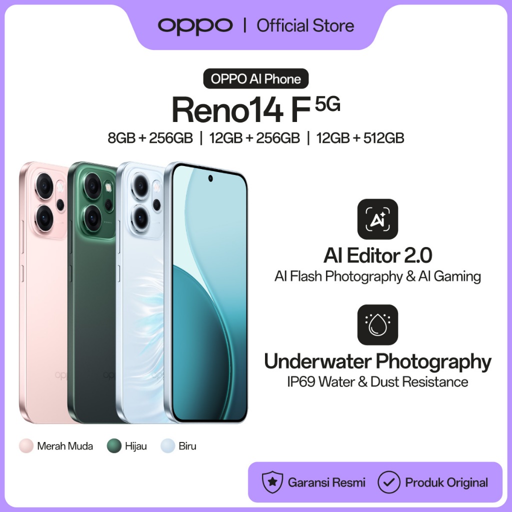 [NEW] OPPO Reno14 F 5G 8GB/12GB+256/512GB [IP69 Underwater 4K Photography, 6000mAh Battery, AI Livep
