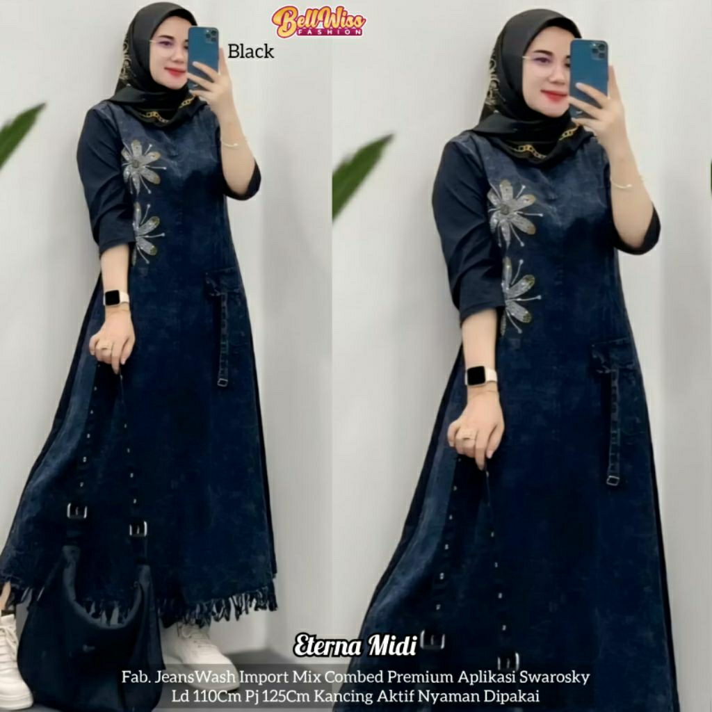 ETERNA MIDI DRESS PREMIUM ORI TEBAL JEANS WASH/DRES MIDI KOREAN STYLE TERBARU LD 110 CM FIT XXL