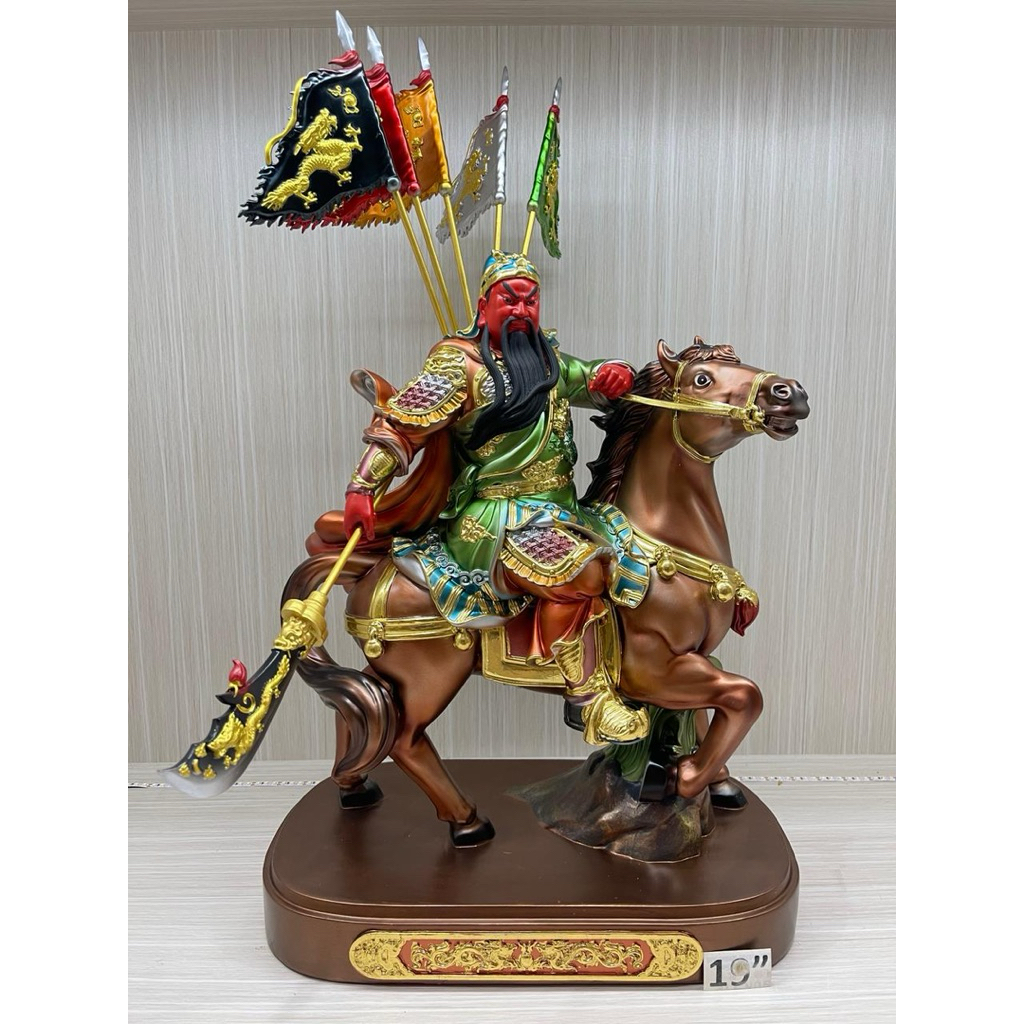 patung dewa kwankong naik kuda / guan yu naik kuda 19in bahan resin