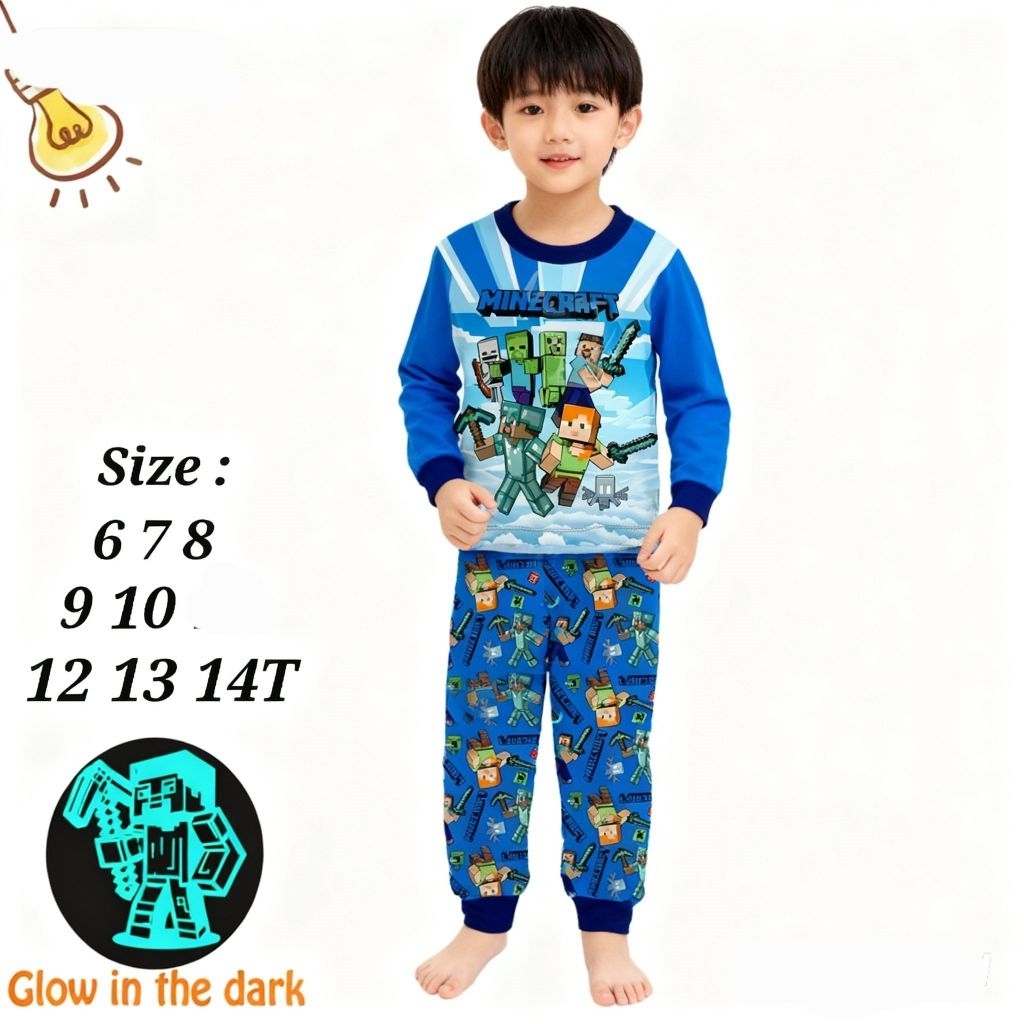 Piyama Cuddle Me baJu tidur anak Minecraft glow dark
