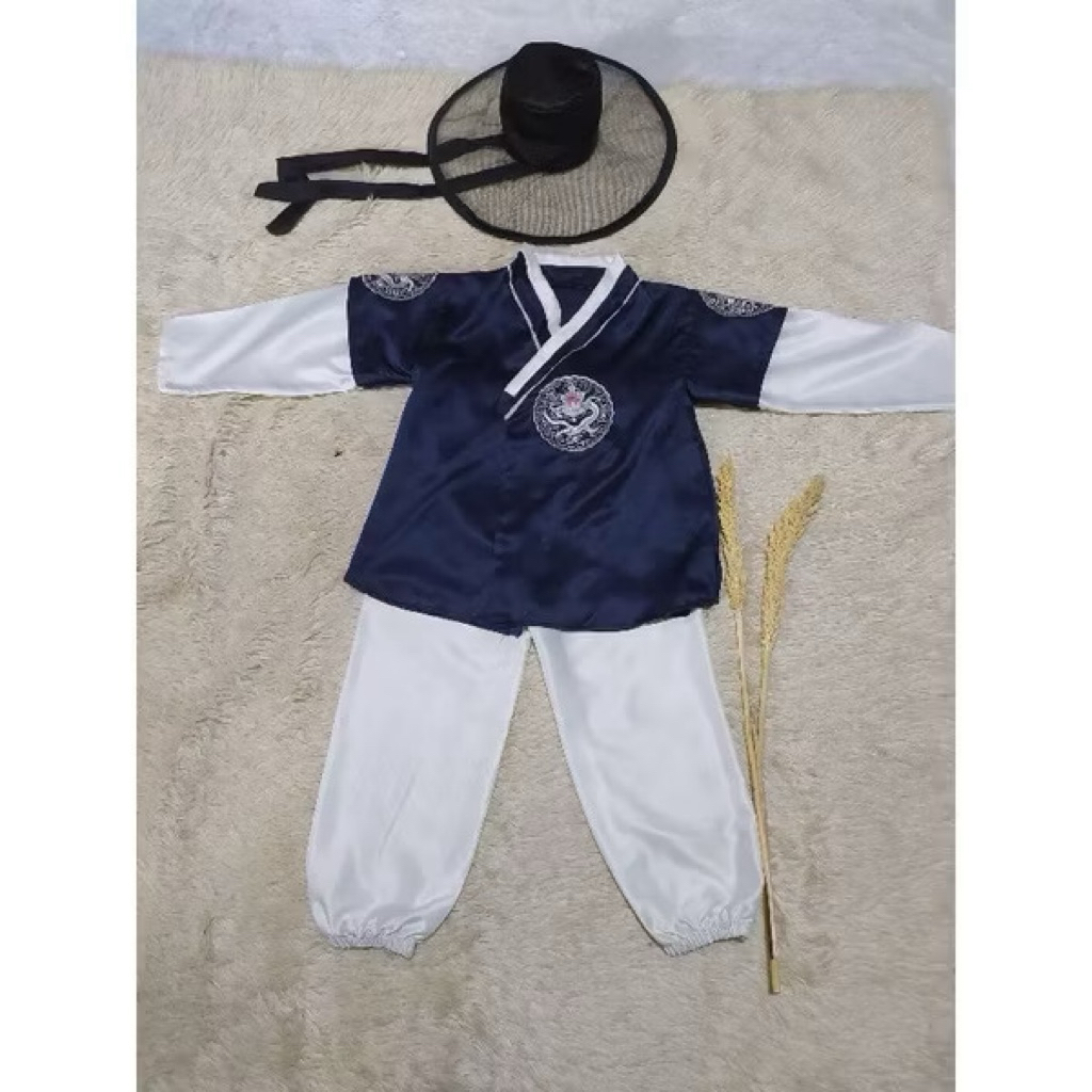 PRELOVED HANBOK / PAKAIAN TRADISIONAL ANAK LAKI LAKI BAHAN JAGUAR NAVY DAN TOPI SIZE 5-6 th