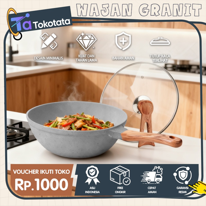 Tokotata Wajan Granit Penggorengan 24cm Wajan Lapisan Granit Dan Gagang Kayu Panci Anti Lengket