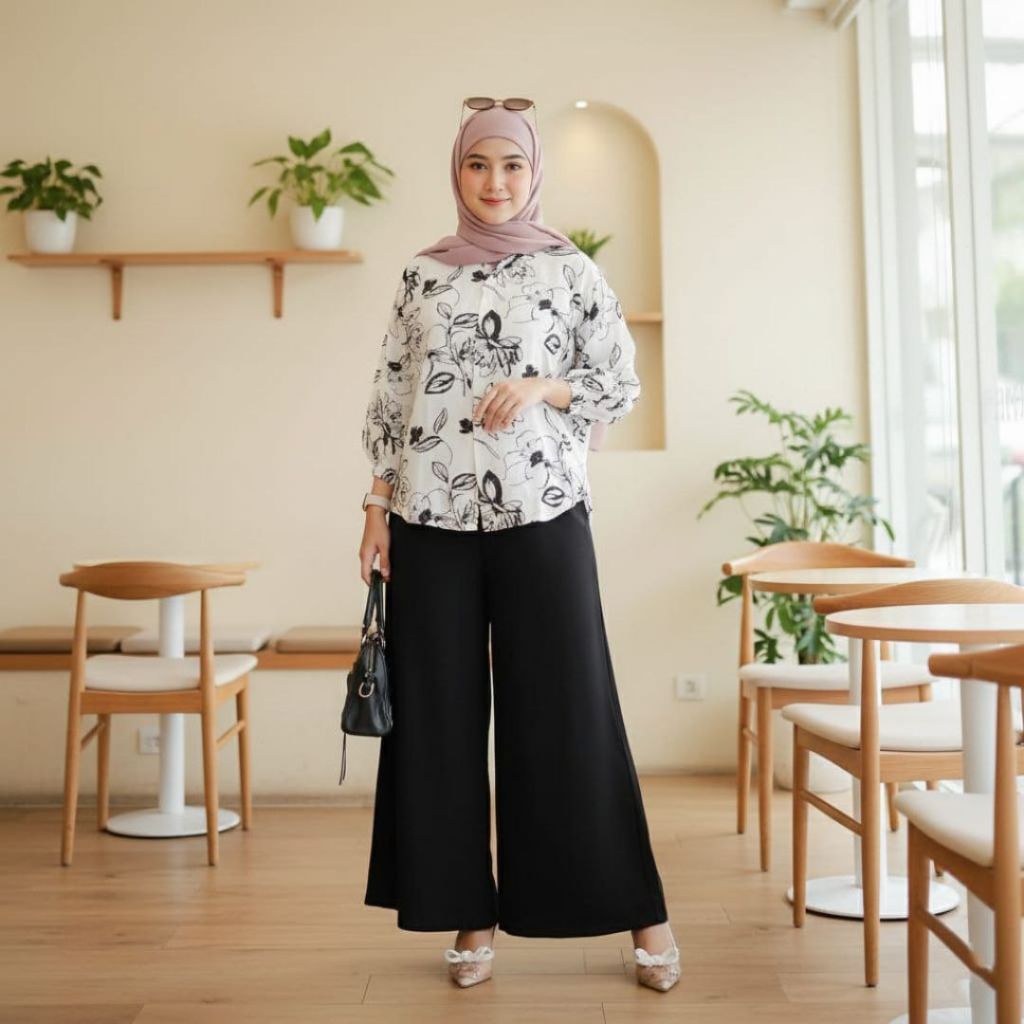 One-set Kulot Jumbo - Full Kancing Busui - Bunga Hitam Rayon Premium Super Tebal Adem