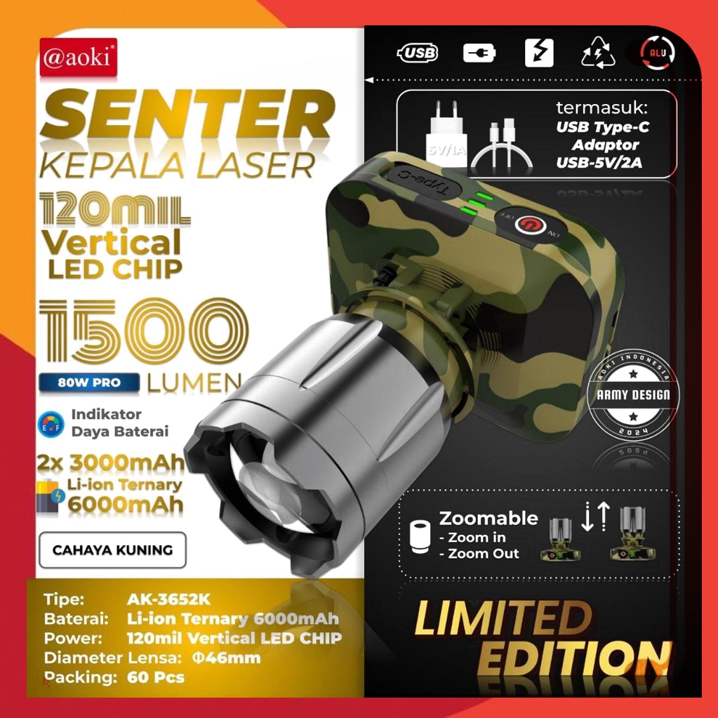 senter kepala Aoki ak 3652kSenter Kepala LED Zoom Laser 80 Watt 1500 Lumen Aoki -3652K Army PRO Caha
