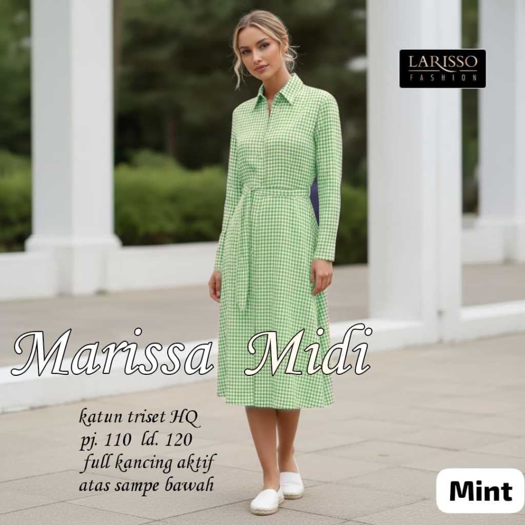 Midi dress kotak kotak lengan panjang full kancing tali pinggang / Marisa midi dress