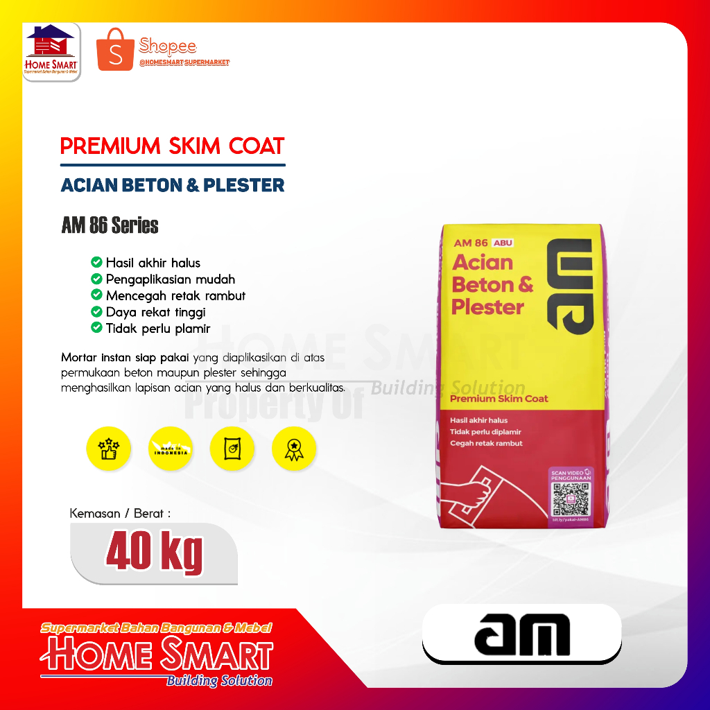 AM 86 Acian Tembok Abu Skimcoat 40kg Acian di atas Beton & Plester