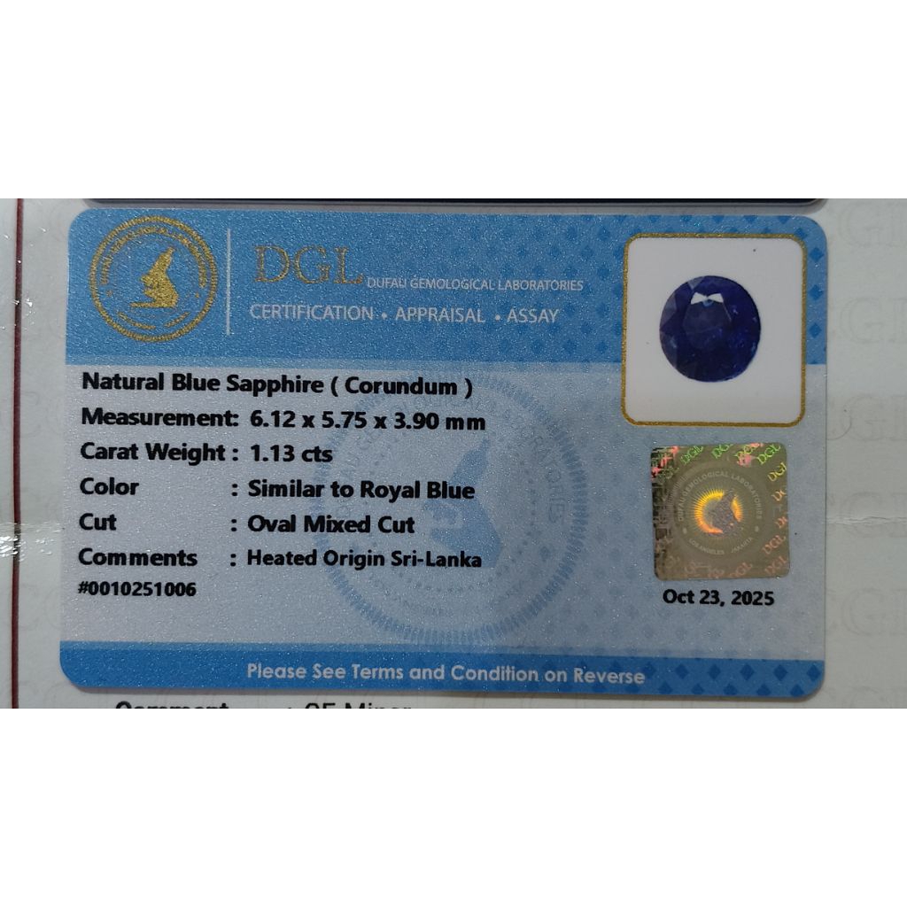 Royal Blue Sapphire Srilanka Heat 1,13ct DGL