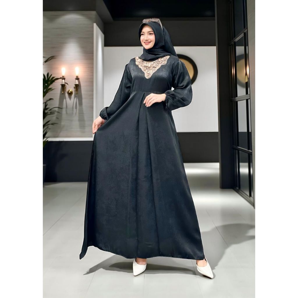Gamis Set Hijab Aluna Syari Bahan Santorini - Gamis Elegan Simple - Gamis Terbaru Viral
