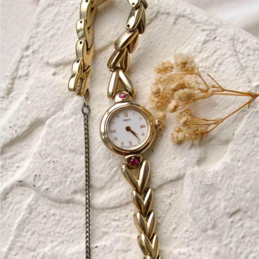 Jam Tangan Wanita Vintage Watch Citizen Chere Red Jewels Silver Gold Chain Original Autentik Prelove