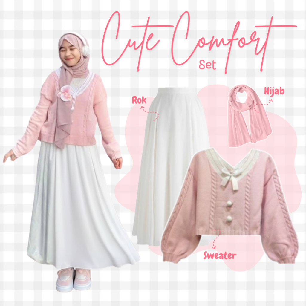 One Set Cewek Kekinian 3in1 / Sweater Rajut + Rok Scuba + Hijab Ceruty Dusty Pink / Outfit Hijab Kor