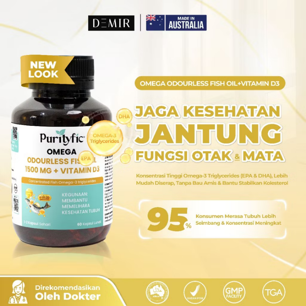 Purityfic Omega Odourless Fish Oil 1500 mg + Vitamin D3 200 IU Botol 60 Kapsul