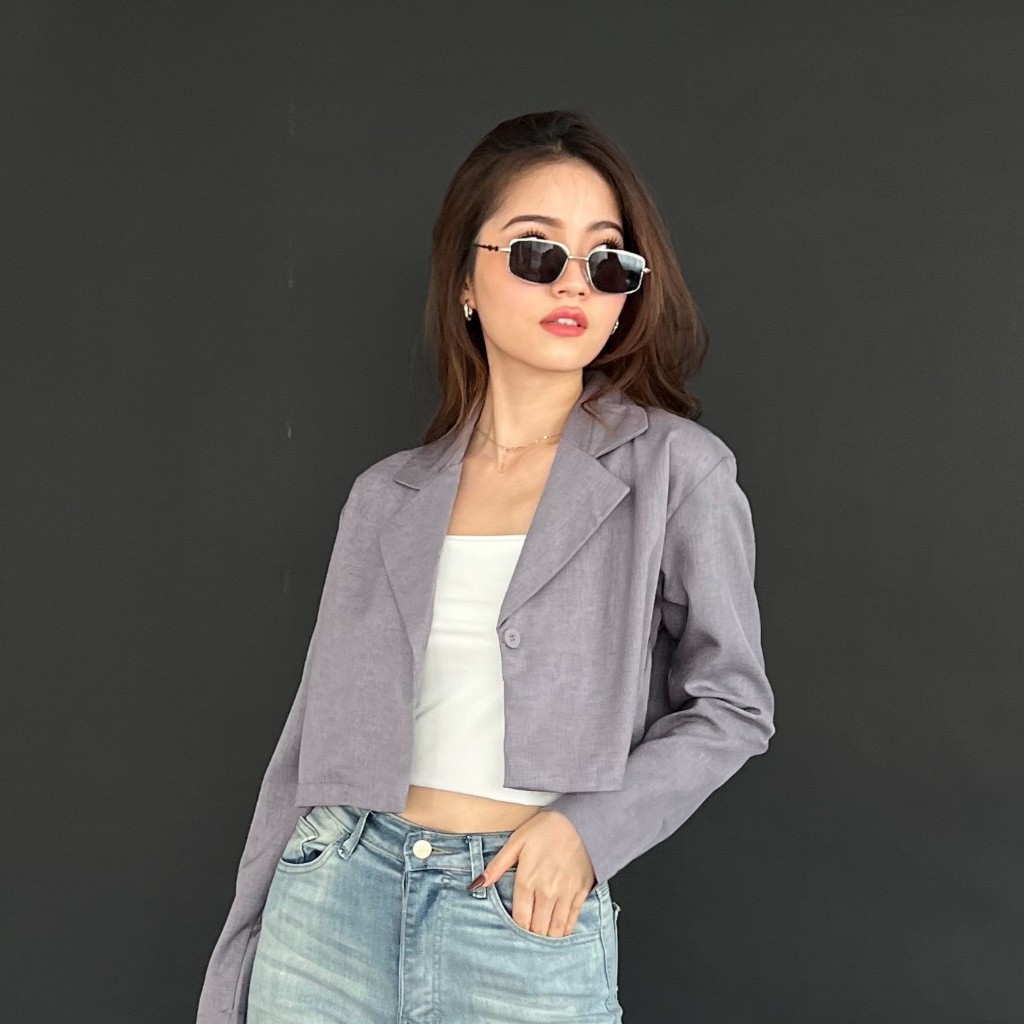Blazer Crop Cream Abu Wanita Korean Style Premium – Outer Hijab Friendly / Atasan Wanita Kekinian – 