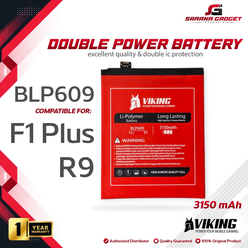 Baterai VIKING Double Power Original Oppo F1 Plus F1+ R9 BLP609 Batre Batrai Battery BLP 609 HP Hand
