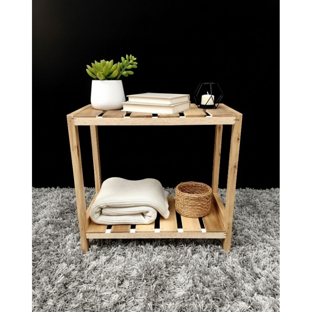 meja sudut aesthetic - meja kayu - rak buku