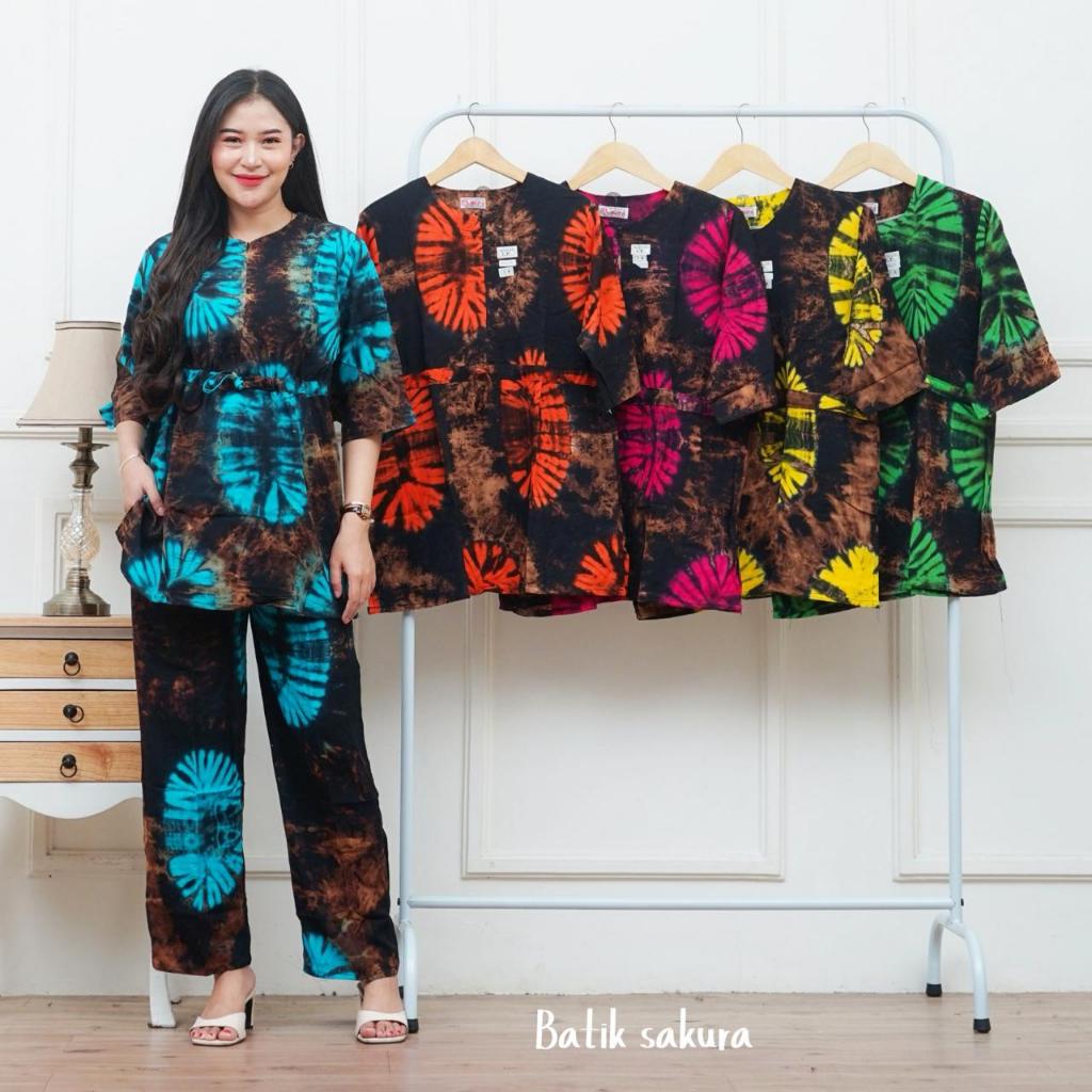 Setelan CP Maria Jumputan Batik Sakura Pekalongan wanita abg jumputan  modis elegan Celana Panjang