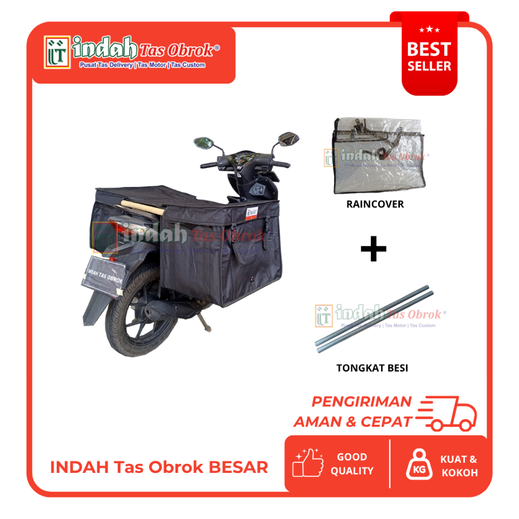 INDAH Tas Obrok -  [PAKET LENGKAP] Tas Pos Motor Besar Hitam Kuat + Tongkat Besi + Raincover