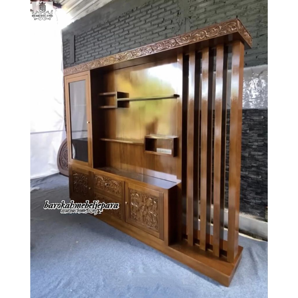 partisi jati penyekat ruangan dua muka , pembatasan kayu jati dua sisi , sketsel ruang tamu , partis