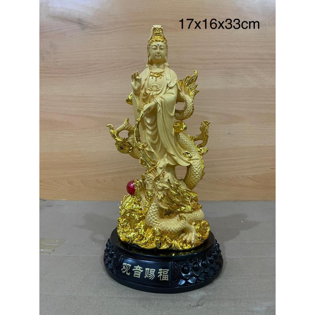 Patung Kwan Im Po sat naik naga uk 33 cm Guan Yin Pu Sa fiber emas