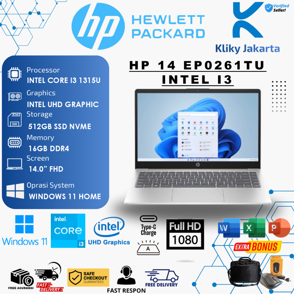 Laptop HP 14 EP0261TU INTEL CORE I3  1315U 16GB 512GB SSD 14 INC FHD WINDOWS 11 GARANSI RESMI